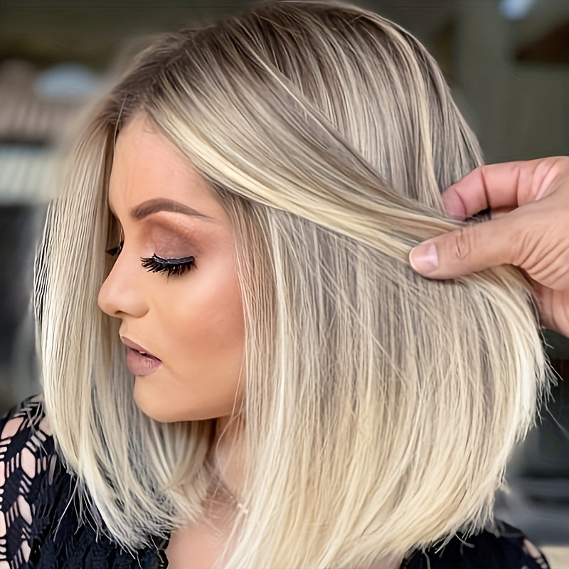 Bob Wig For Women Short Straight Synthetic Hair With Blonde Highlights Middle Part